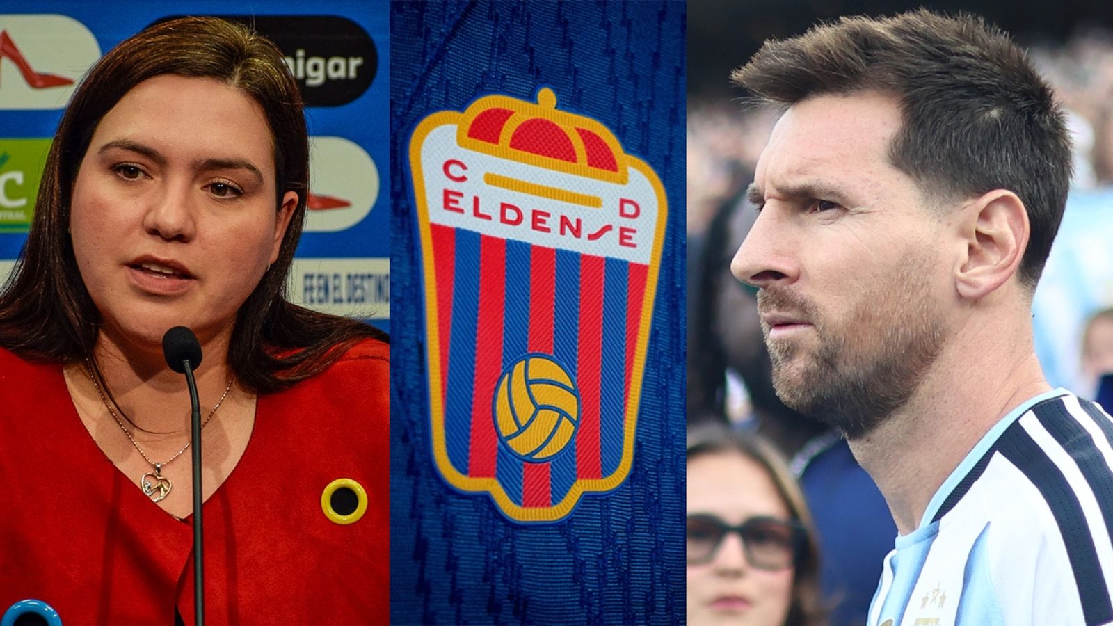 Carolina Holguín i Leo Messi amb l'escut del CD Eldense