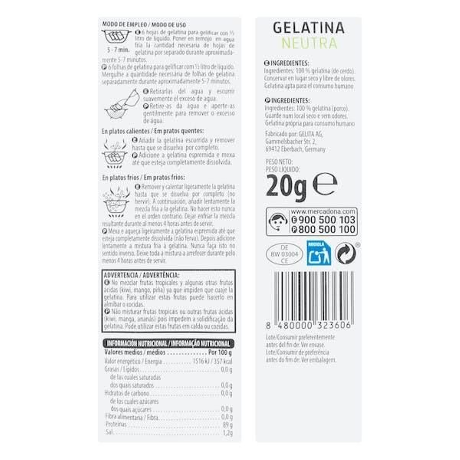 Revers d'un dels paquets de gelatina del lot contaminat amb salmonel·la