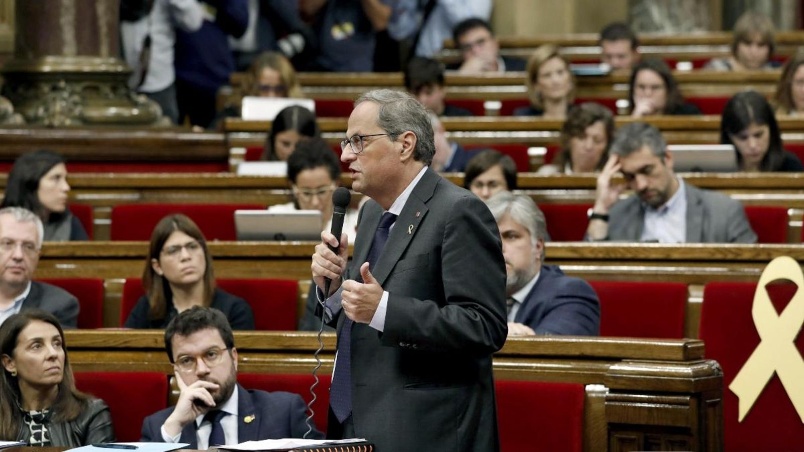 El president de la Generalitat de Catalunya, Quim Torra, durant la seua intervenció en el ple de la cambra catalana