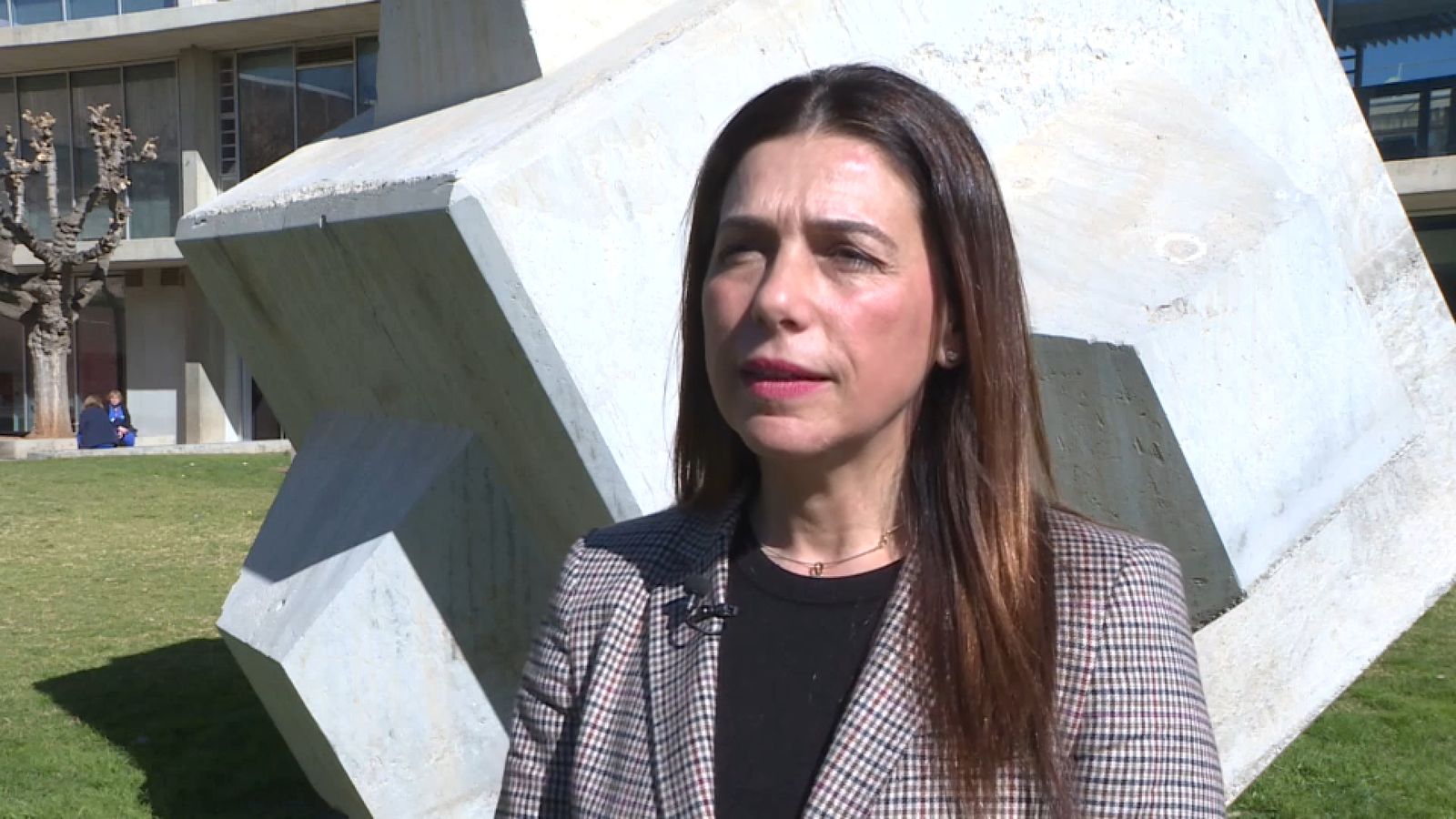 Eshter Gómez, enginyera de Camins i vicerectora de la Universitat Politècnica de València, davant del cubípod que va idear per a fer dics més resistents als ports