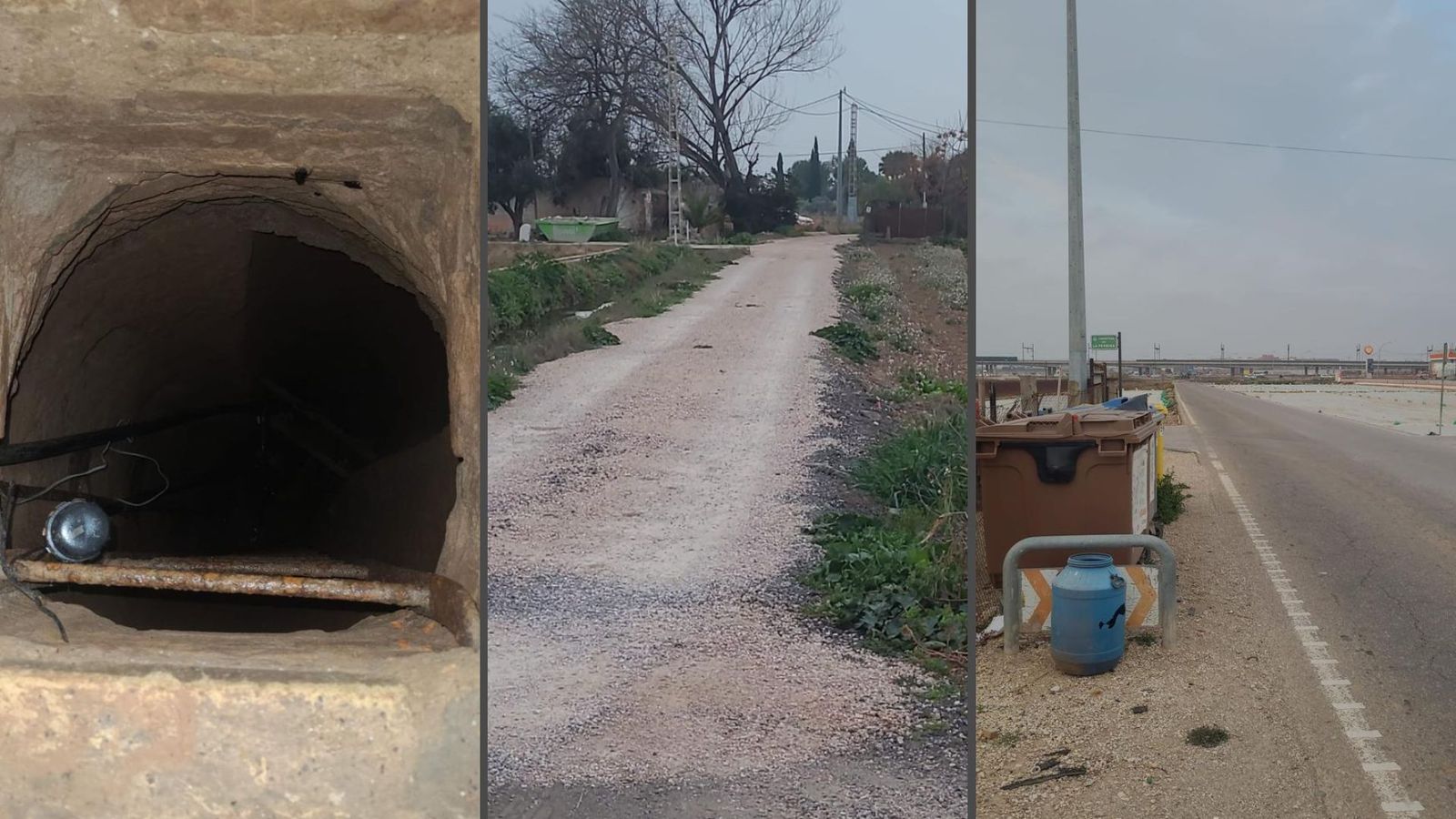 El pou, paviment i contenidors amb els que compta la zona de l'Alqueria dels Aiguamolls