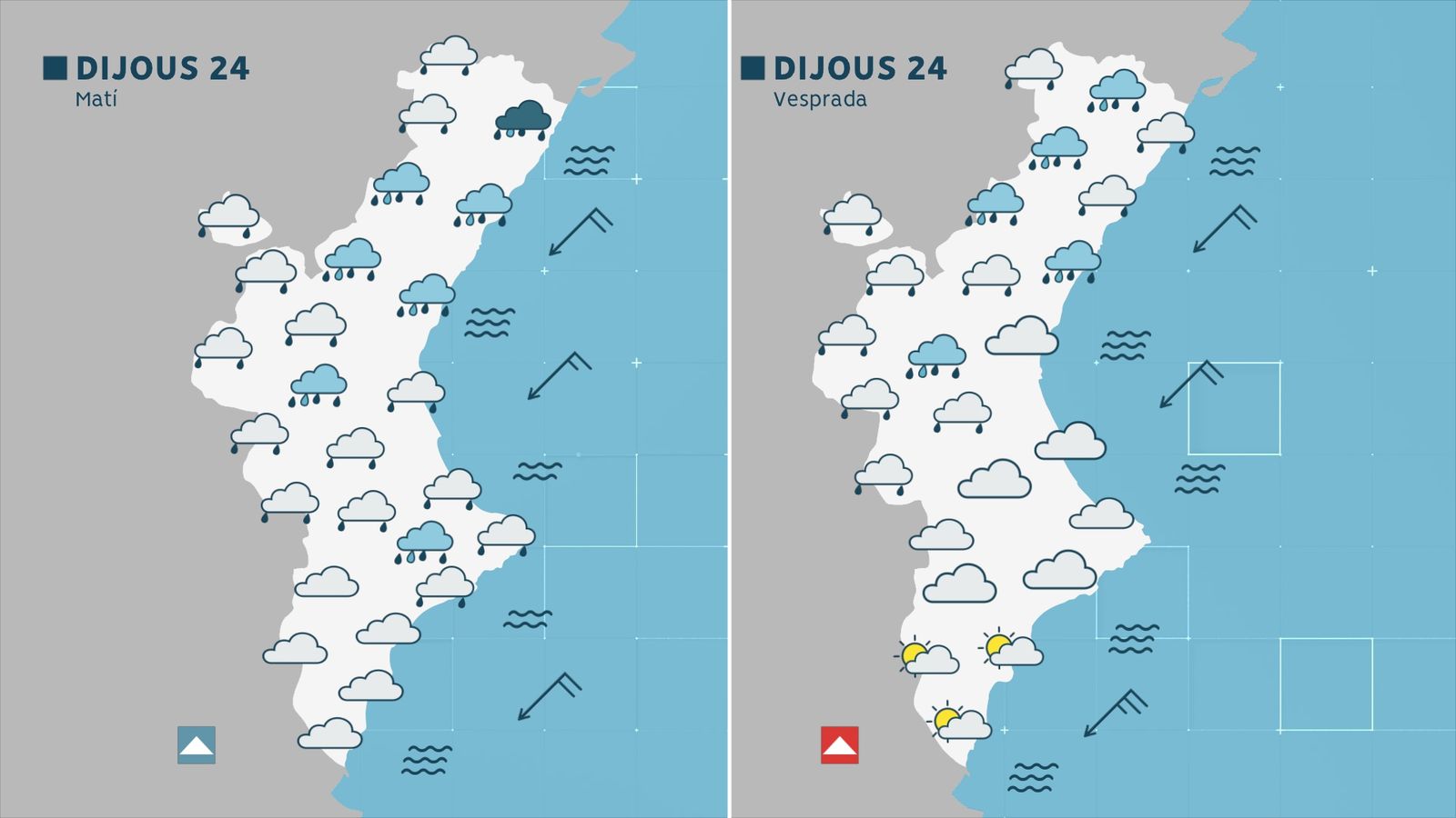 Les previsions apunten a pluges durant tot el matí, encara que el front anirà desplaçant-se cap al nord al llarg del dia, el que permetrà alguna ullada de sol al sud de vesprada