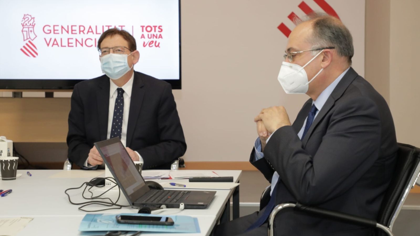 El president Puig, aquest dimart, durant la reunió telemàtica. / GVA