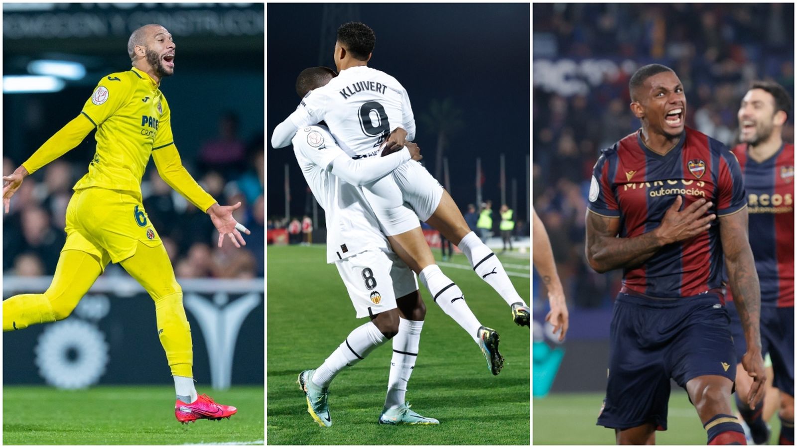 Els jugadors del Vila-real, València i Llevant celebren gols en la jornada copera