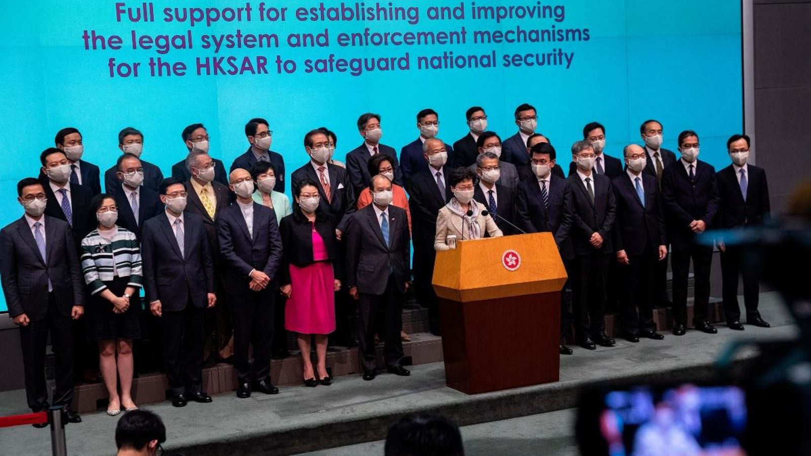 La directora executiva d'Hong Kong, Carrie Lam, a les oficines del govern central a Hong Kong, anuncia la nova llei de segurtat nacional