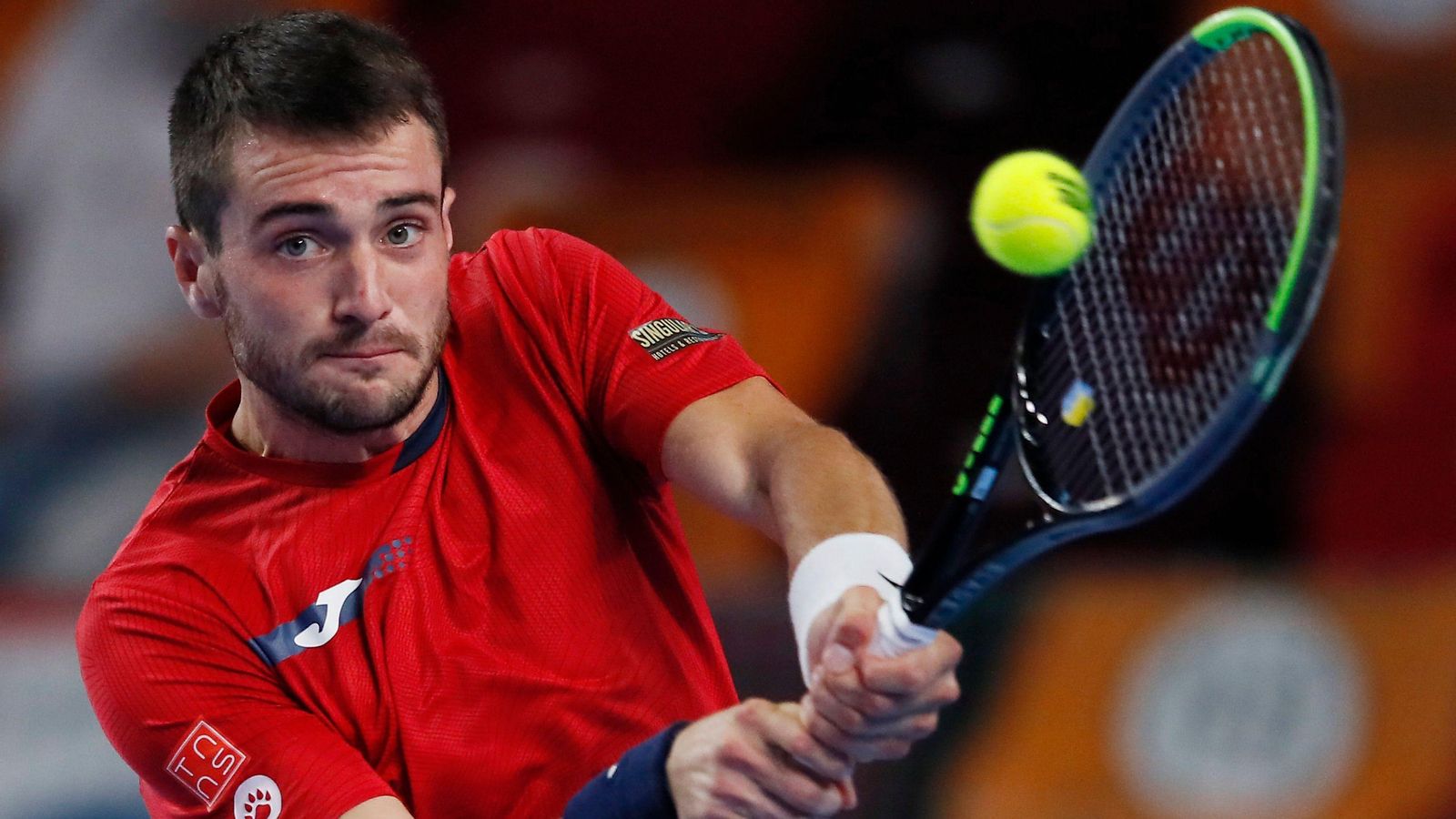 Pedro Martínez Portero, durant un punt del partit contra Cilic Pedro Martínez Portero, durant un punt del partit contra Cilic