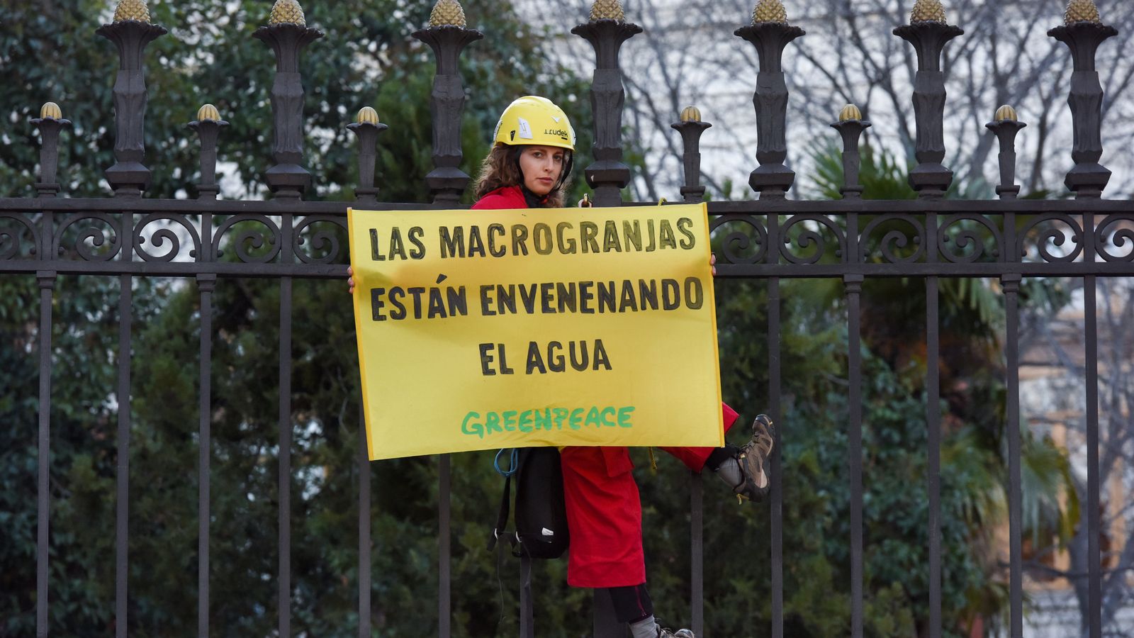 Una activista de Greenpeace en una de les tanques del ministeri d'Agricultura a Madrid