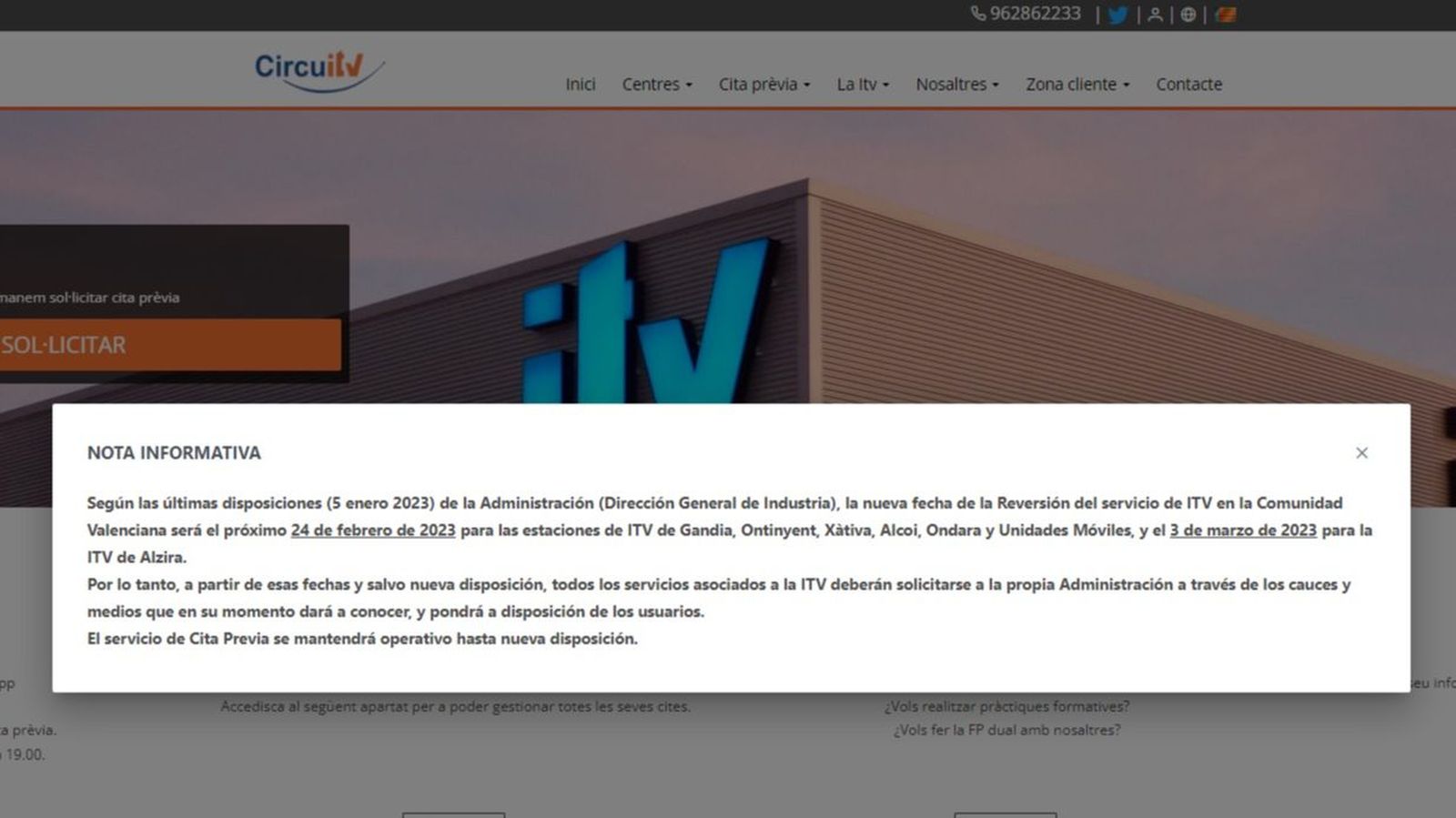 Missatge que apareixia en el web Circuititv, que aglutina algunes de les concessionàries del servei de l'ITV