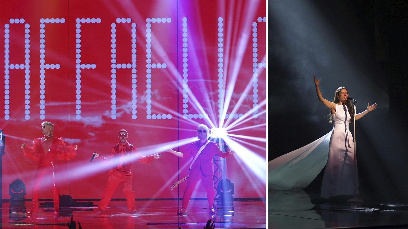 A l'esquerra els tres integrants de Barry Brava i a la dreta, Blanca Paloma durant la primera gala de les semifinals del Benidorm Fest aquest dimecres