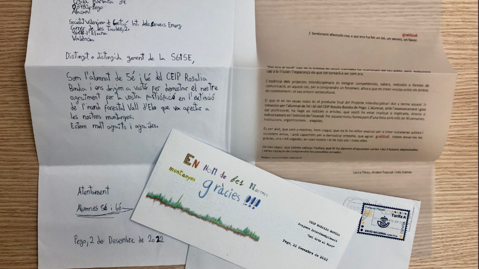 La carta rebuda pel Servei de Bombers Forestals de la Generalitat