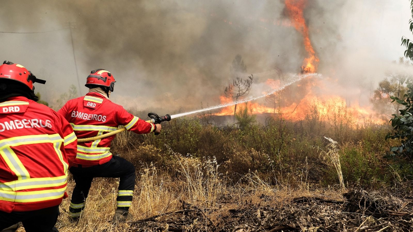 Bombers treballen en l'extinció de l'incendi a Sarnadas, prop de Maçao.