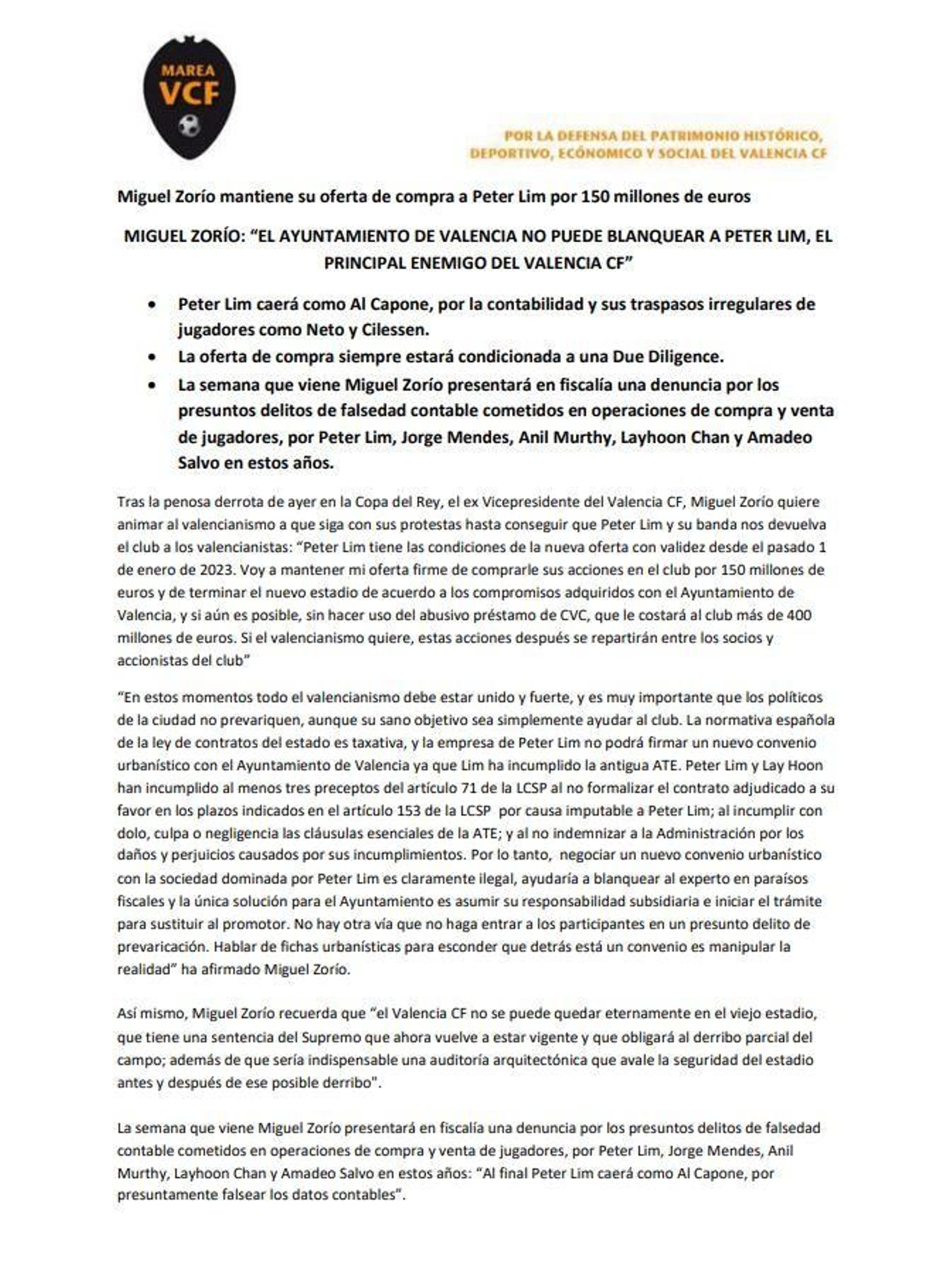 Comunicat de l'exvicepresident del València, Miguel Zorío