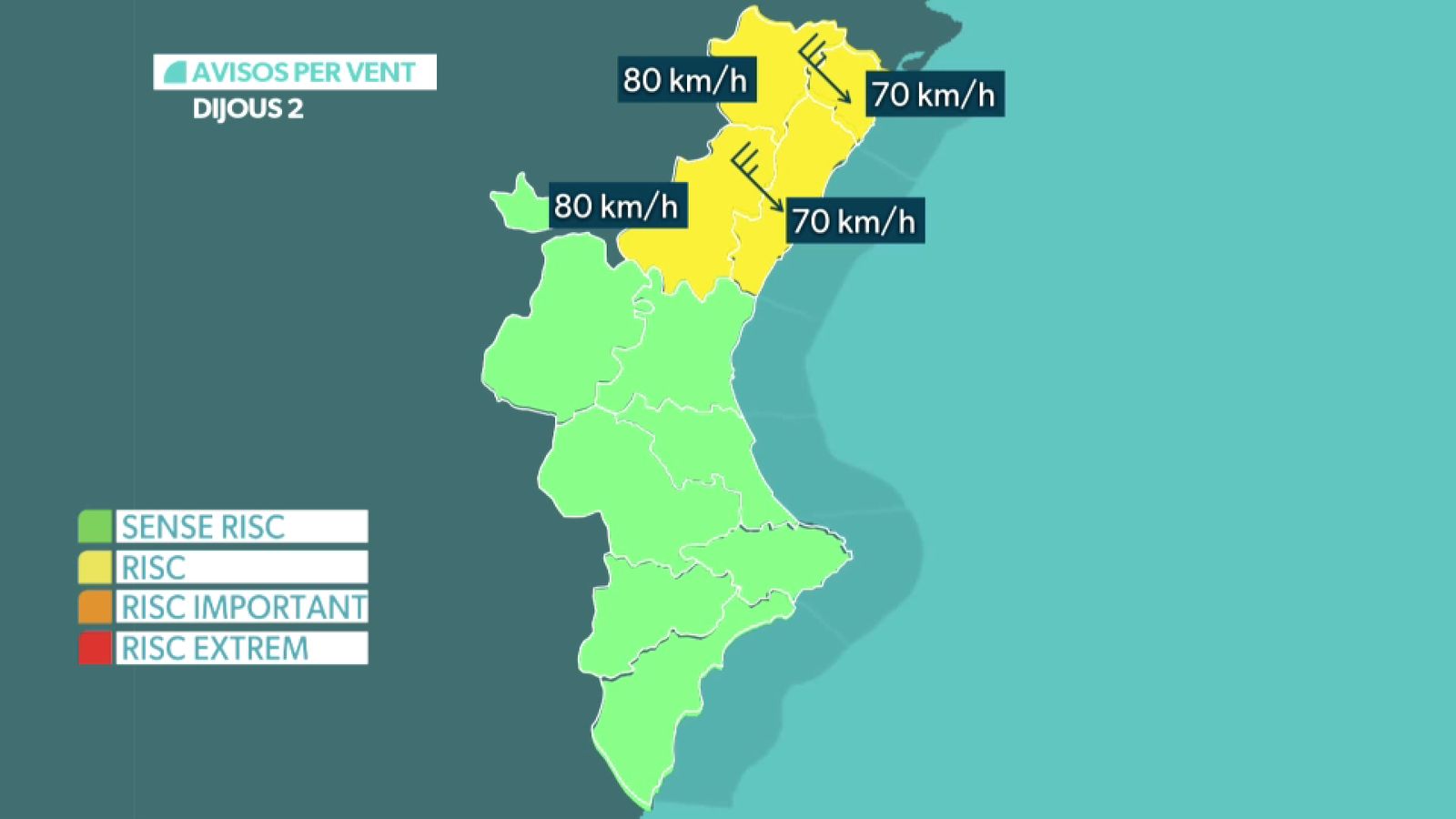 Els avisos per vent dijous 2 d'abril