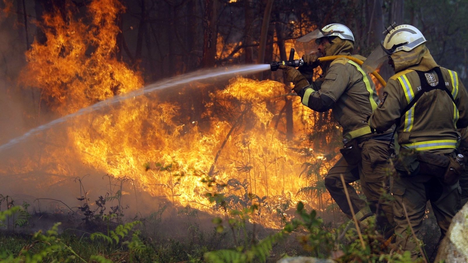 L'equip d'extinció d'incendis apaga un dels nombrosos focus, aquest dimarts en la localitat de Rianxo