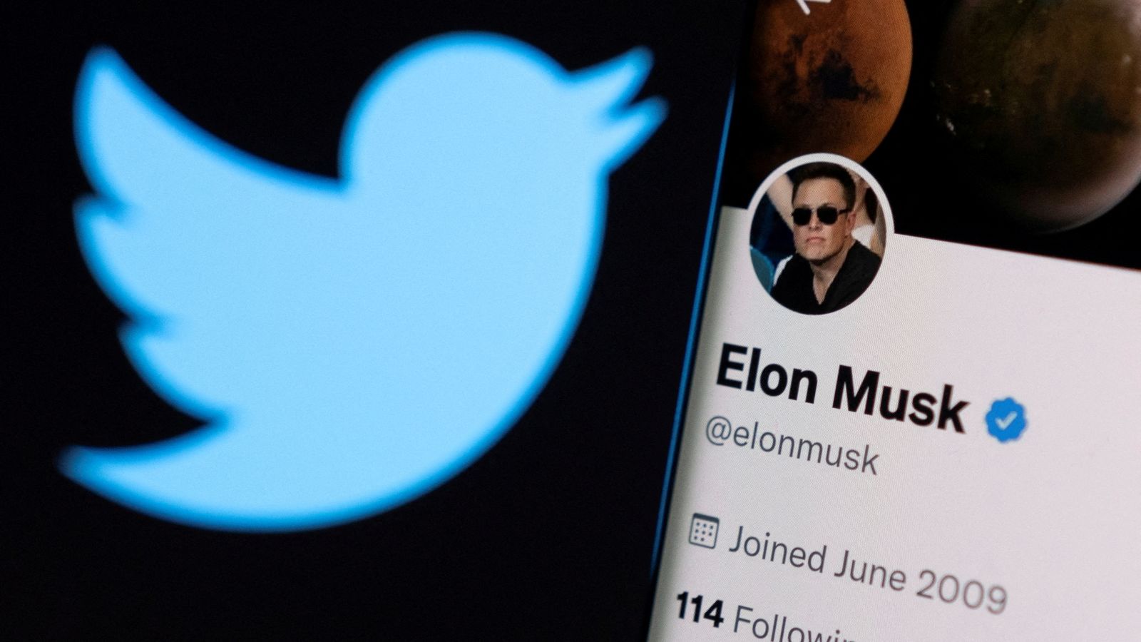Una foto mostra el logo de Twitter i el compte d'Elon Musk