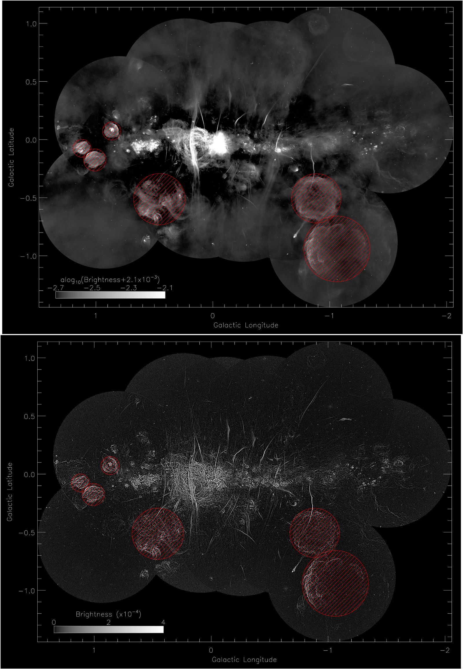 Imatge mosaic dels filaments obtinguda amb telescopi MeerKAT amb una resolució de 4 polzades (dalt) / Imatge similar però filtrada amb una resolució de 6,4 polzades (baix)