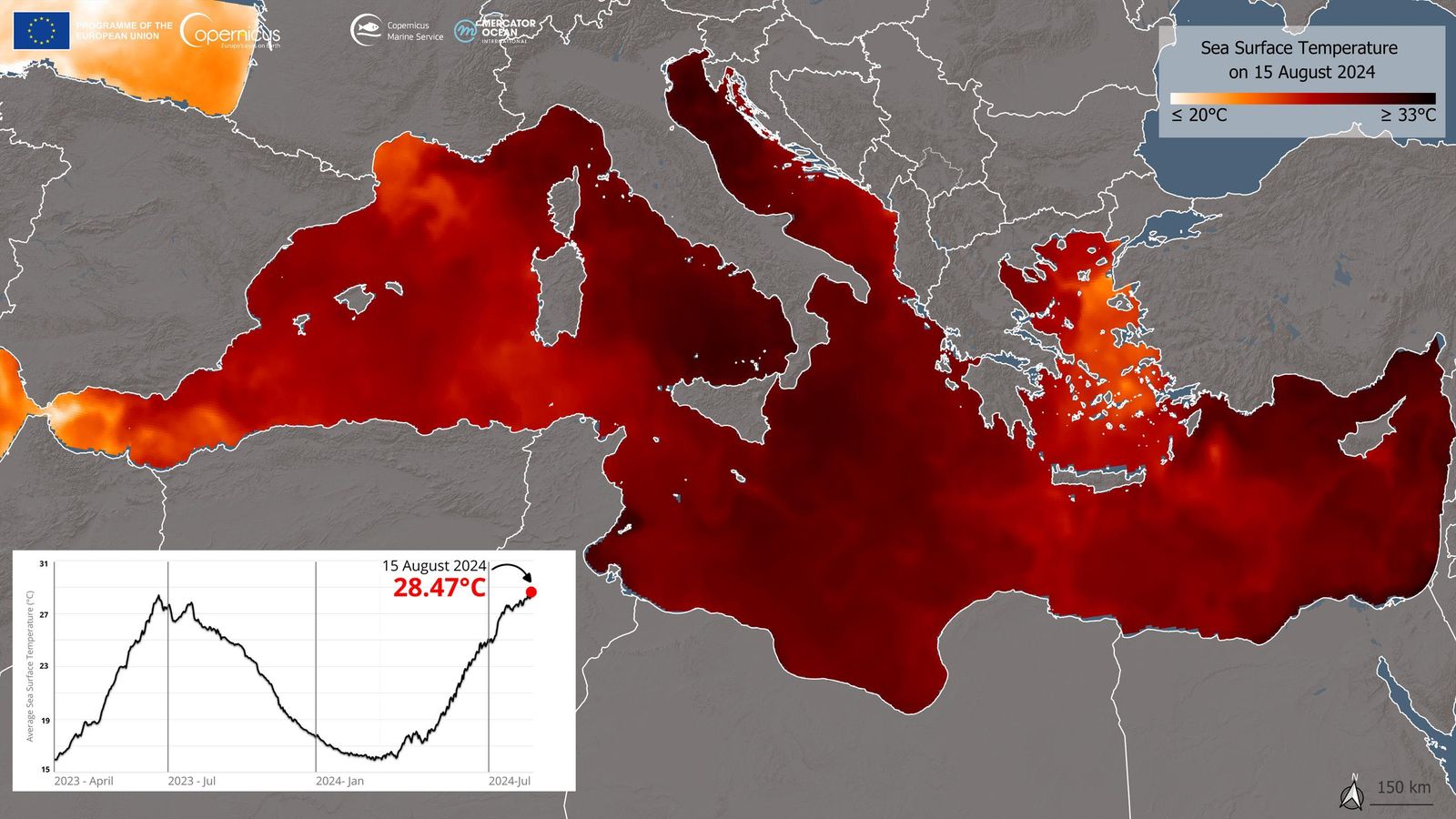La temperatura de la conca Mediterrània, segons l'últim registre satel·lital