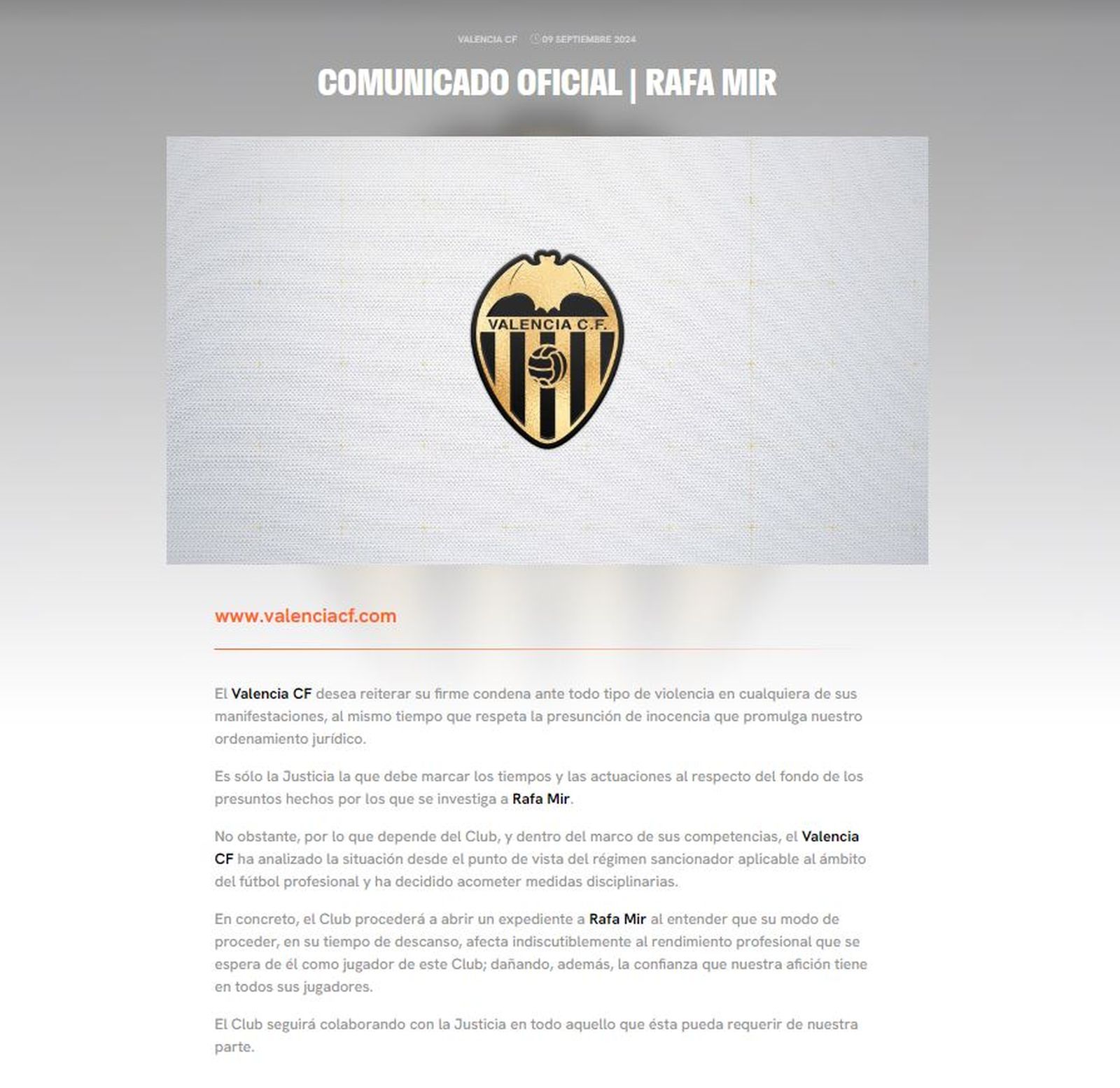 Comunicat del València CF sobre Rafa Mir