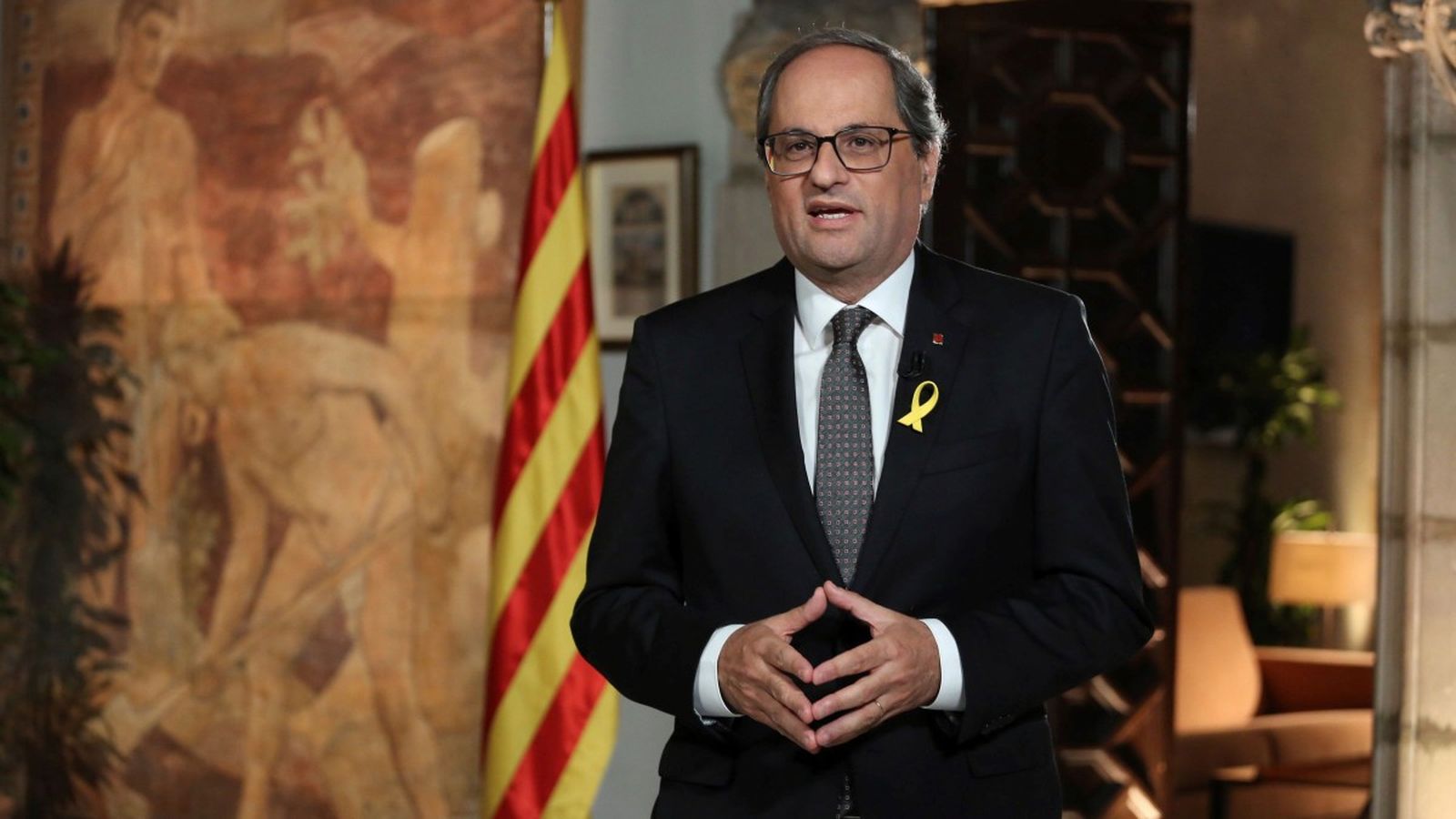 El president de la Generalitat de Cataluya, Quim Torra, en el discurs televisat amb motiu de la Diada