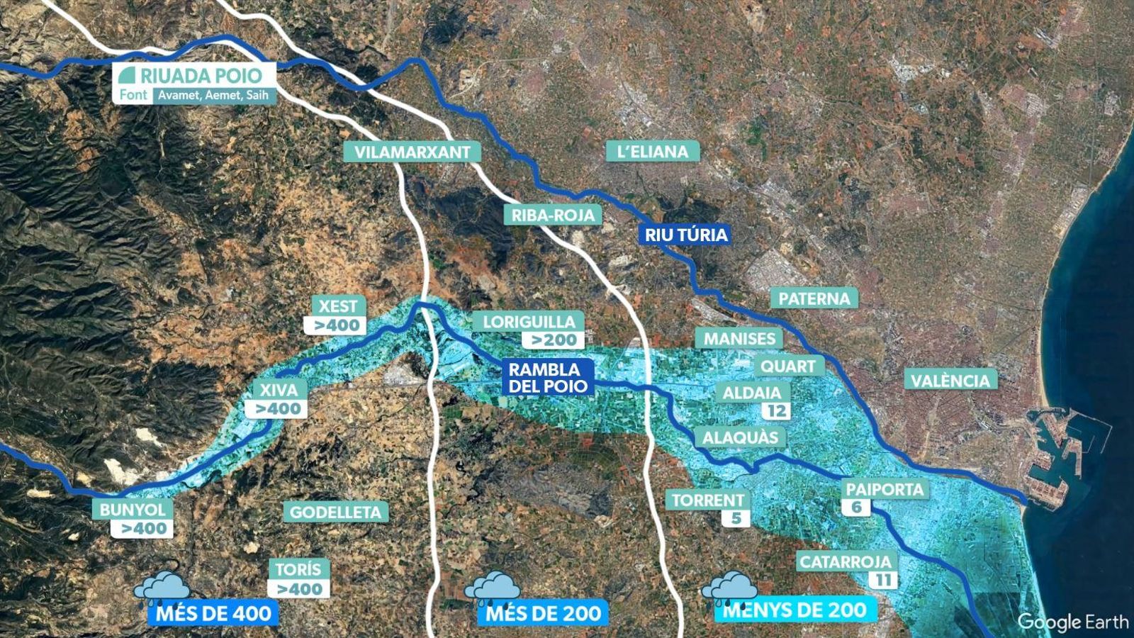 En blau clar, fins on va arribar l'aigua desbordada en la Rambla del Poio