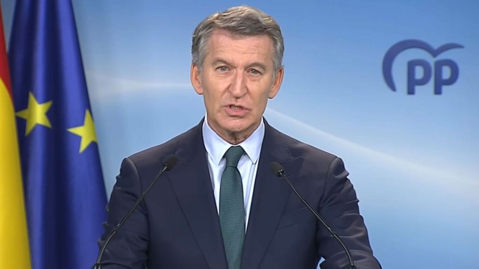 El president nacional del PP, Alberto Núñez Feijóo, durant la compareixença que ha oferit a la seu del partit a Génova.