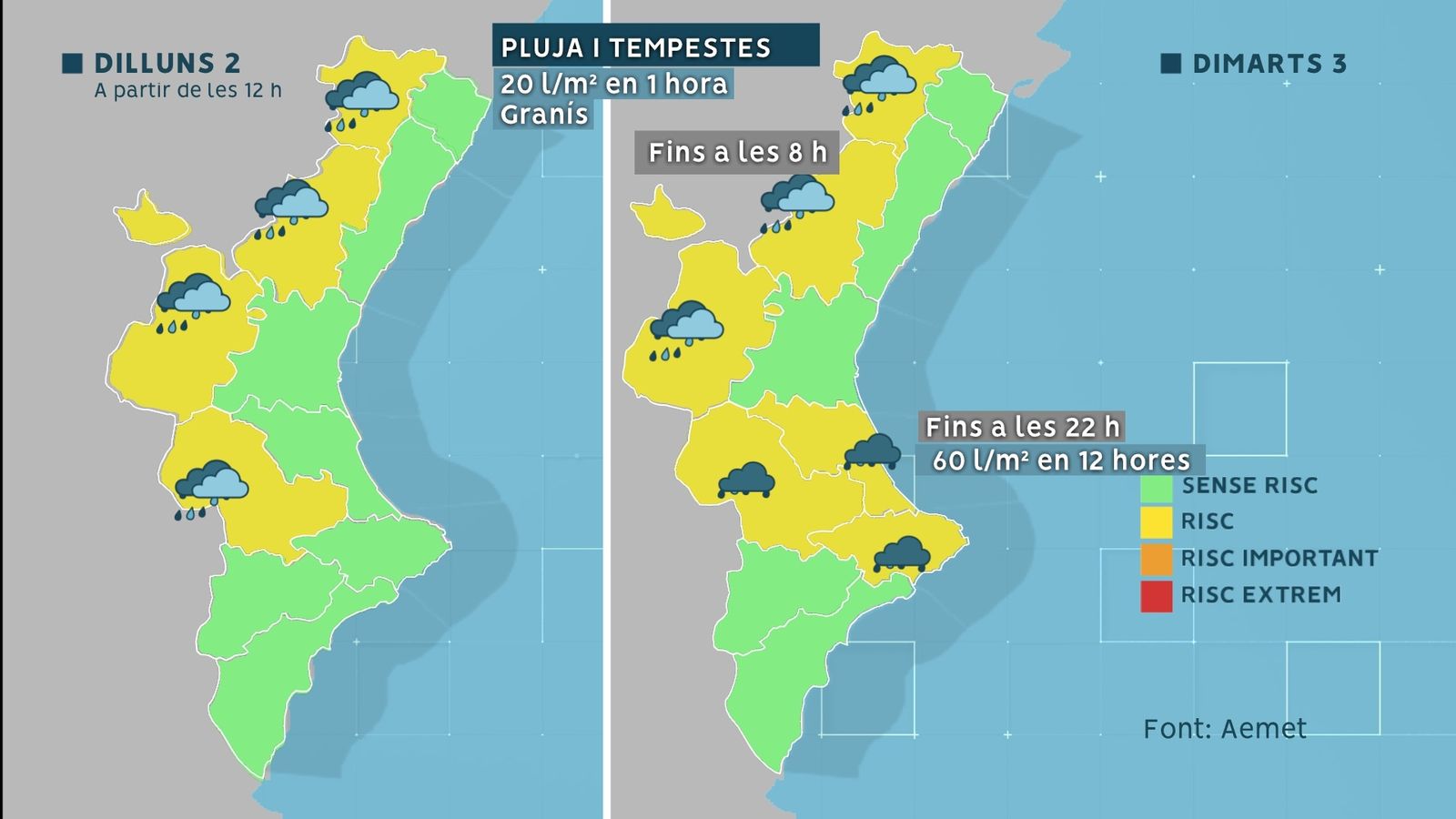 Mapa d'avisos per a dilluns, 2 de maig, i dimarts 3