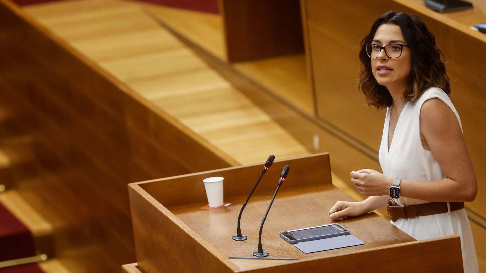 La futura vicepresidenta del Consell, Aitana Mas, en una intervenció en les Corts