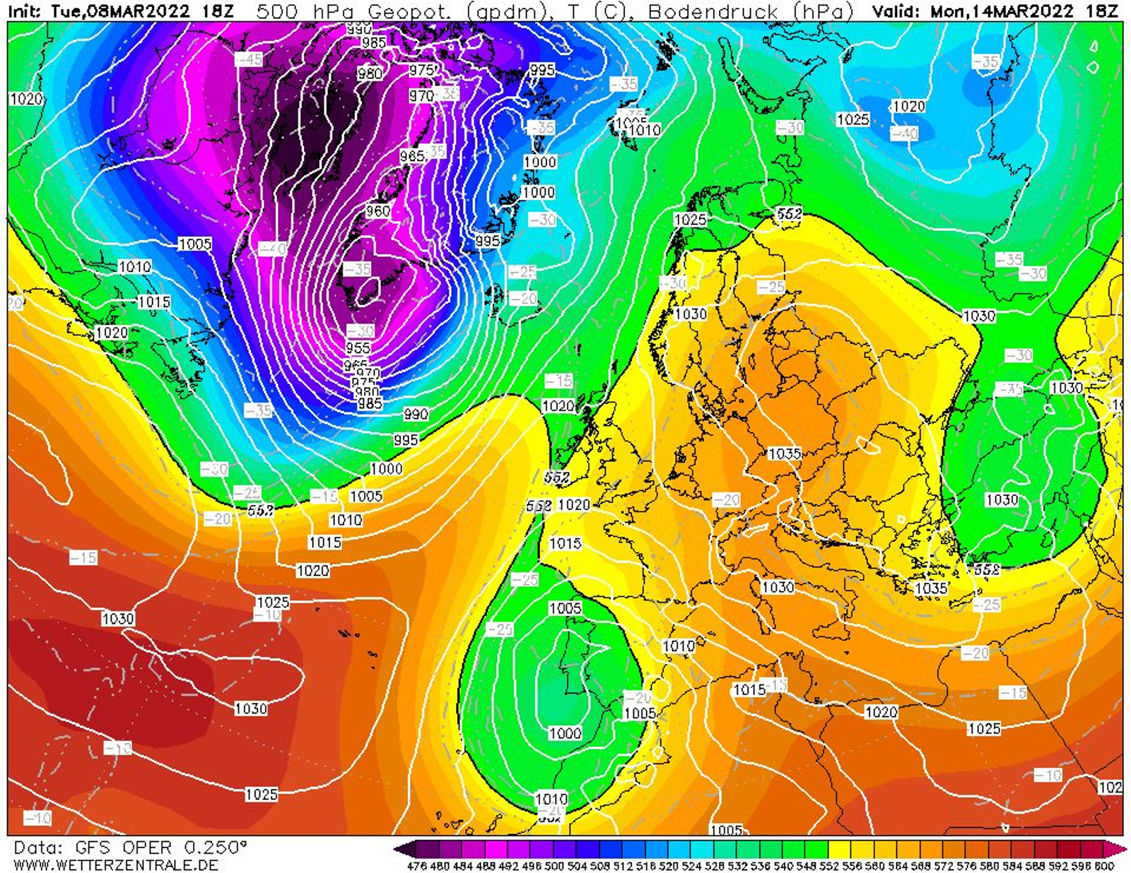 Probable situació a 500 hPa dilluns 14 de març