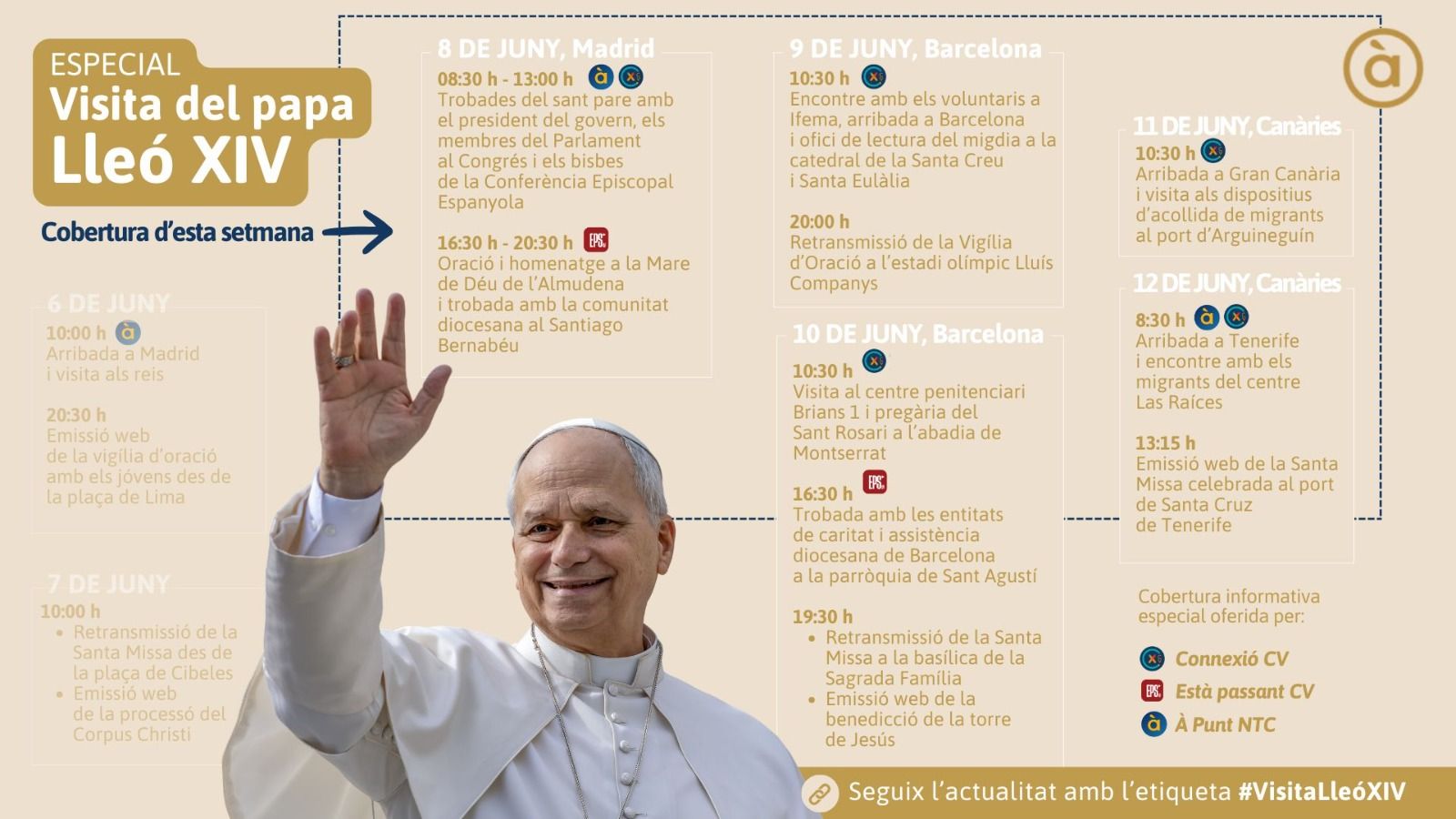 Consulta la programació especial que ha preparat À Punt per a no perdre's cap detall de la històrica visita del pontífex a Espanya
