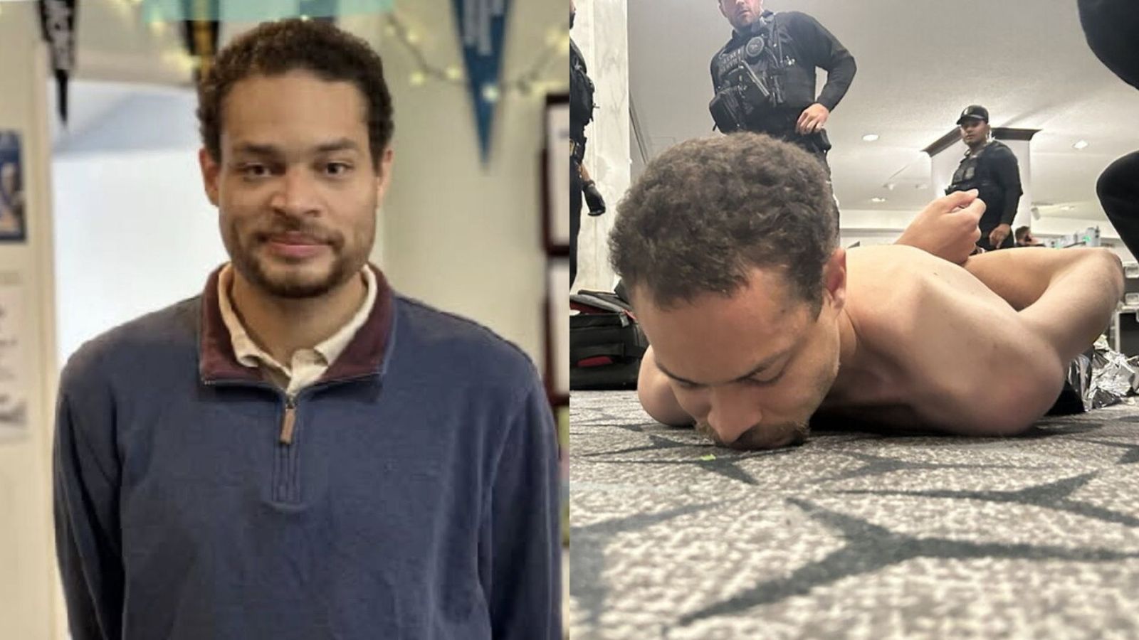 Esquerra: imatge de Cole Allen penjada en el Facebook d'una acadèmia on treballava de professor | Dreta: Allen després de ser abatut pels cossos de seguretat de la Casa Blanca