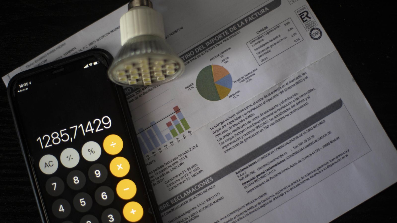 Una factura del consum de llum, a 10 de setembre de 2021