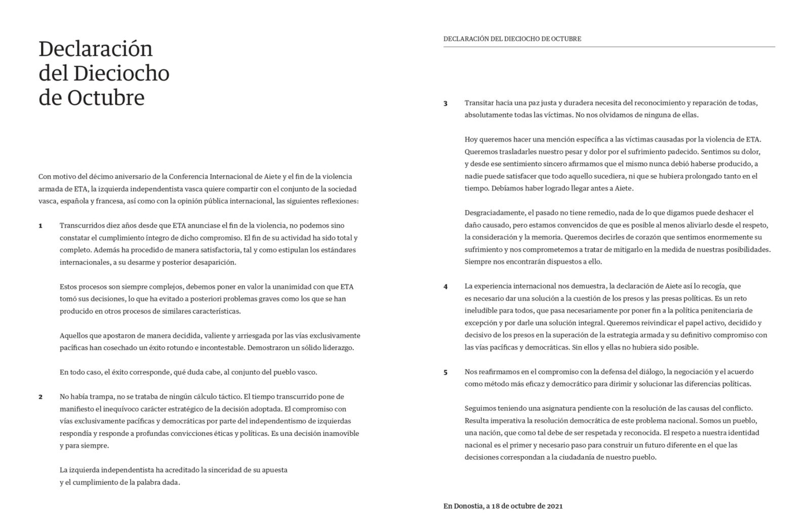 Declaració amb motiu del desé aniversari del final d'ETA
