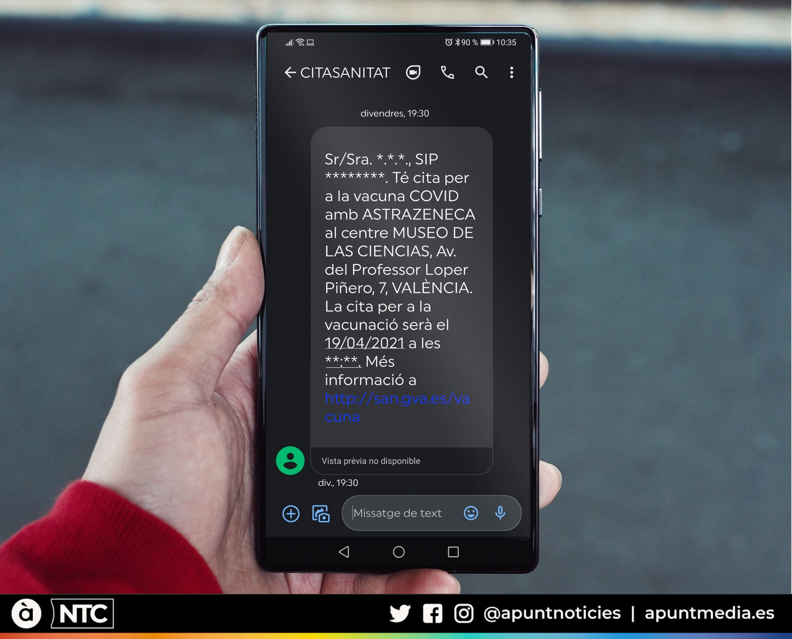 Exemple de missatge de citació de la conselleria de Sanitat per a la vacunació contra la Covid-19