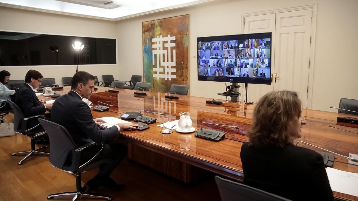 El President del govern, Pedro Sánchez, durant la reunió telemàtica amb els presidents autonòmics El President del govern, Pedro Sánchez, durant la reunió telemàtica amb els presidents autonòmics
