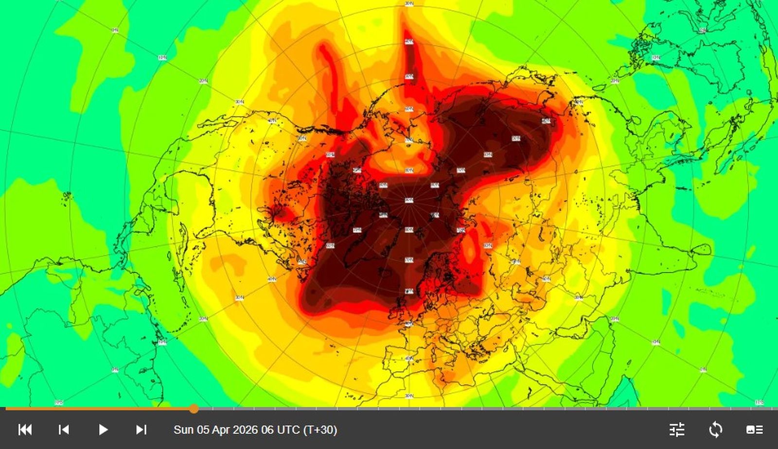 Previsió cocentració d'ozó a l'atmofera en Unitats Dobson. Més roig, més ozó; més groc, menys ozó.