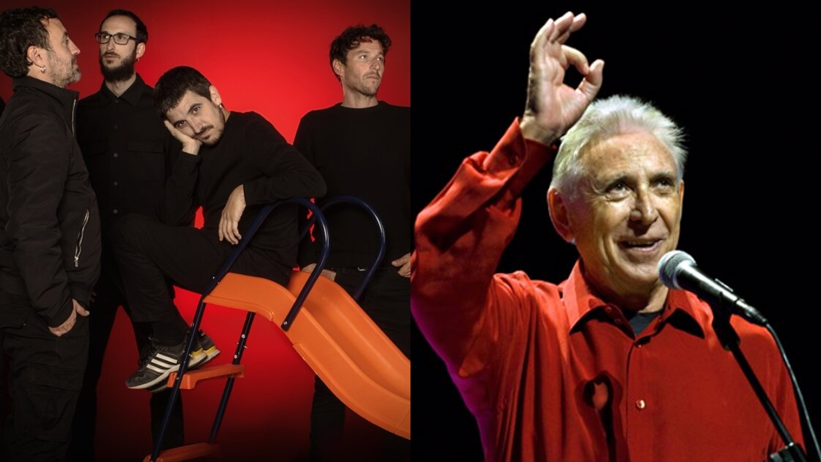 Alguns dels integrants de la banda de música Zoo, i en el vídeo el cantautor Raimon durant la seua actuació al palau Sant Jordi