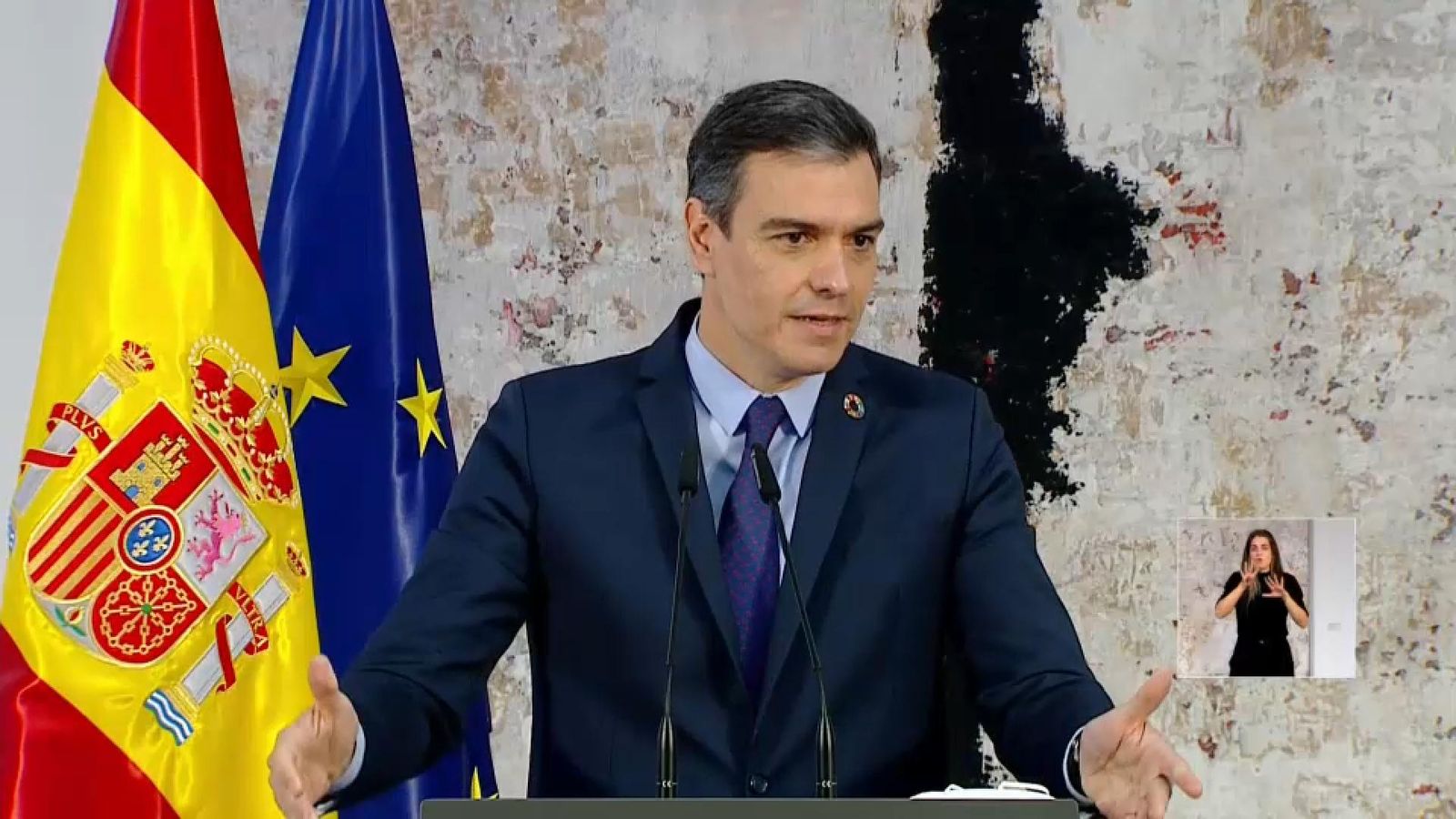 Sánchez, aquest dijous, en la seua intervenció a La Moncloa Sánchez, aquest dijous, en la seua intervenció a La Moncloa