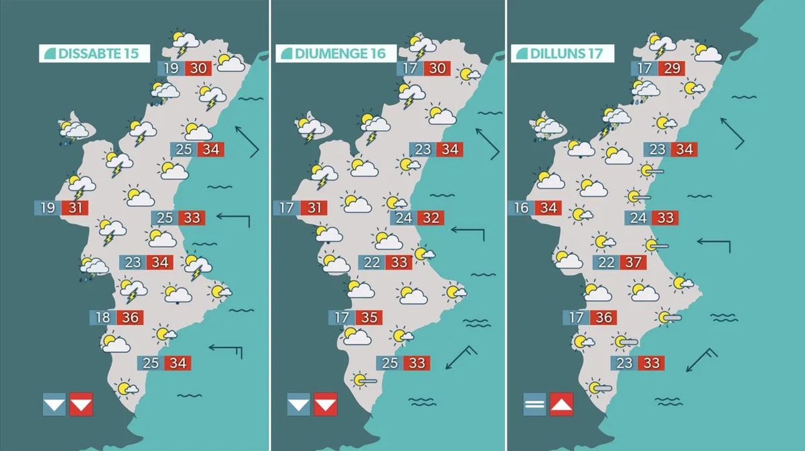 Mapa d'oratge de dissabte, diumenge i dilluns