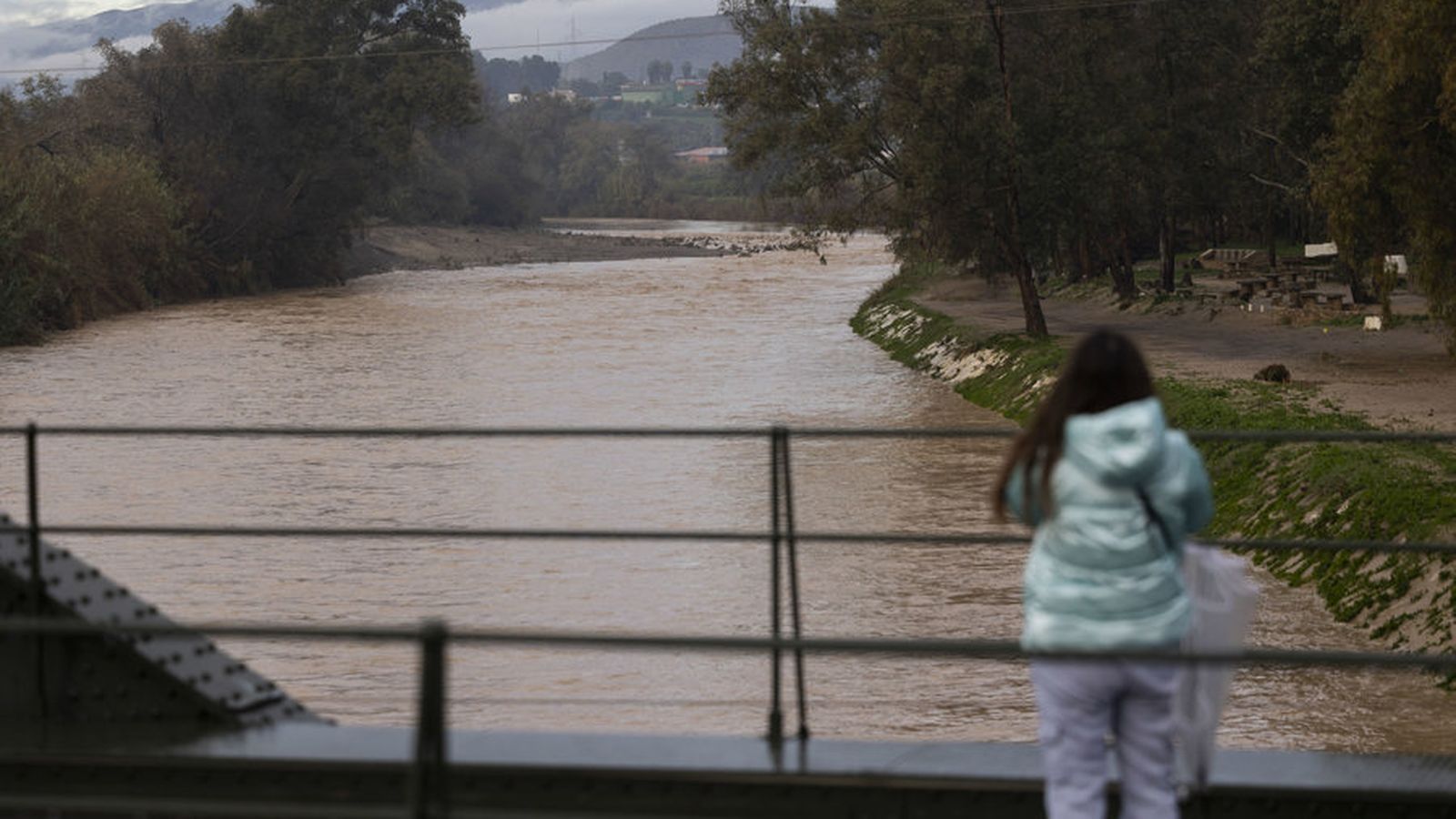 Una dona observa el riu Guadalhorce sobre un pont al pas per l'Estació de Cártama (Granada)