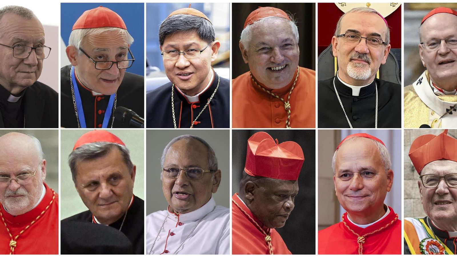 D'esquerra a dreta, i de dalt a baix: Parolin, Zuppi, Tagle, Aveline, Pizzaballa, Erdö, Arborelius, Grech, Ranjith, Ambongo, Prevost i Dolan