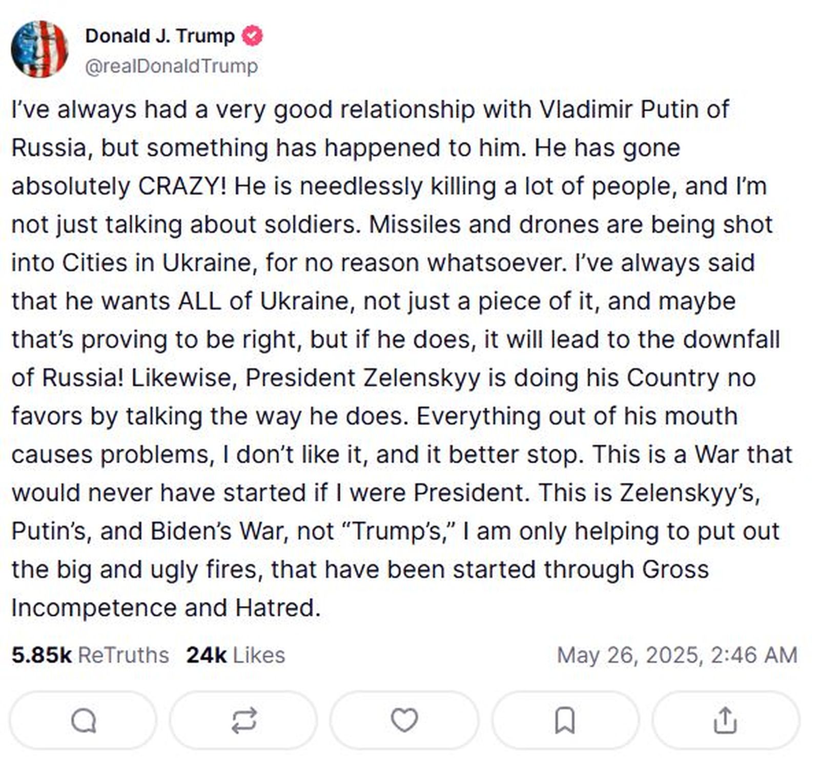 Missatge de Trump a Truth Social