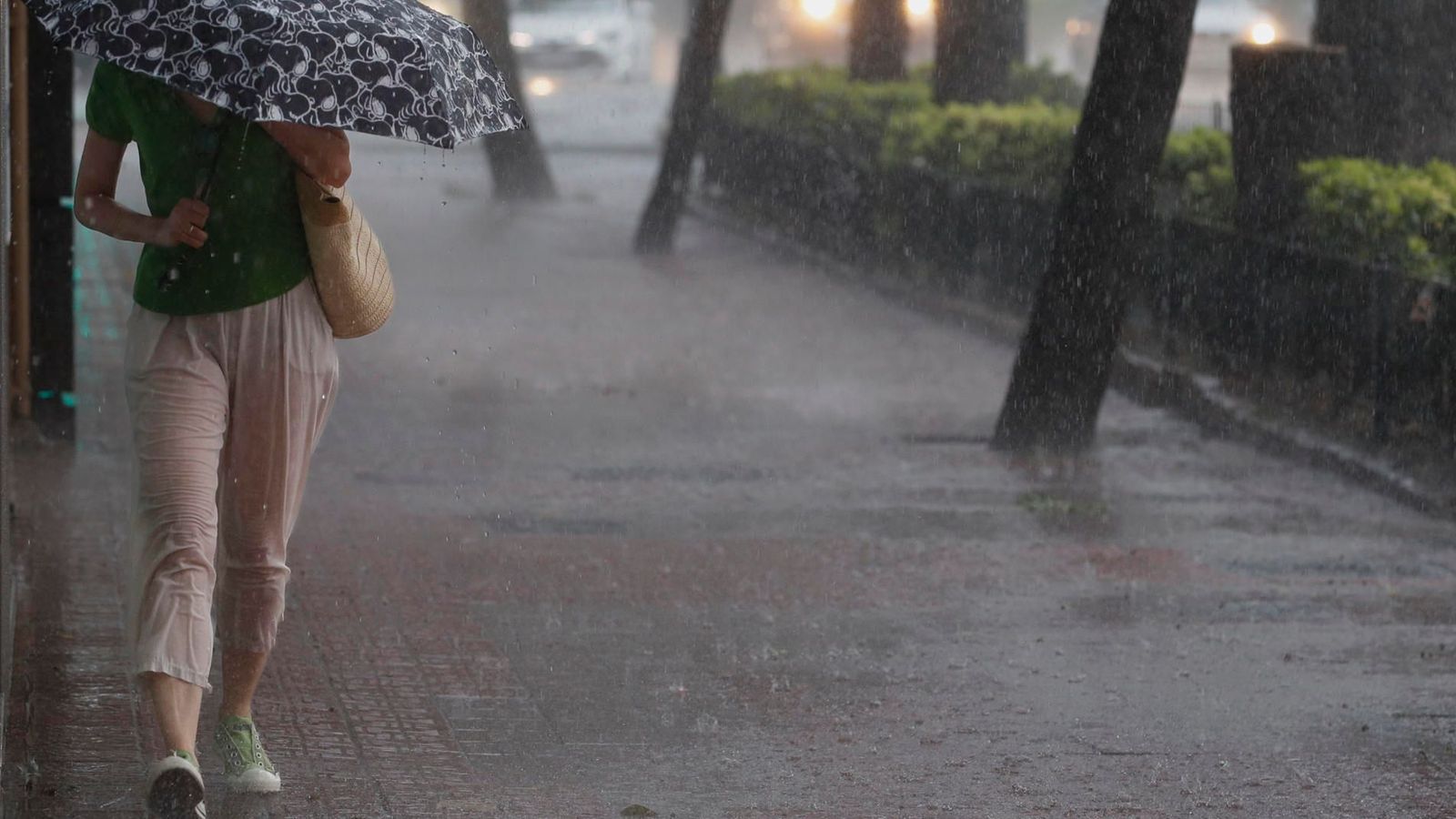 Una dona es protegeix de la pluja en la ciutat de València