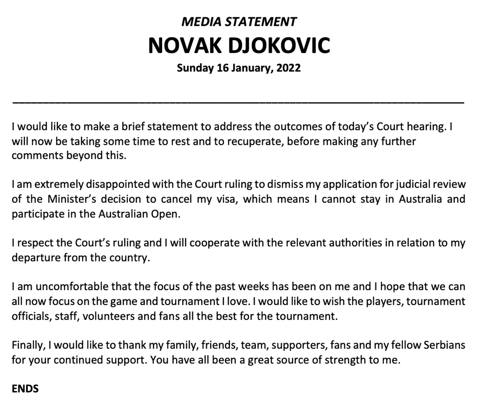 Comunicat de Novak Djokovic després de rebre la decisió del tribunal australià