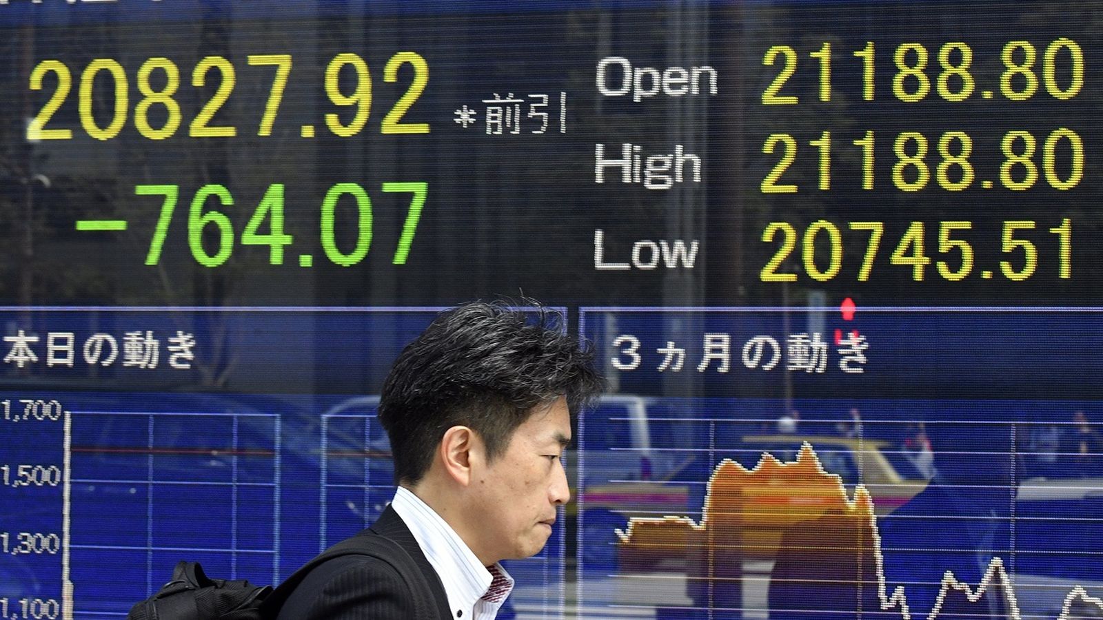 Un home passa davant d'un tauler de dades de la borsa de Tòquio