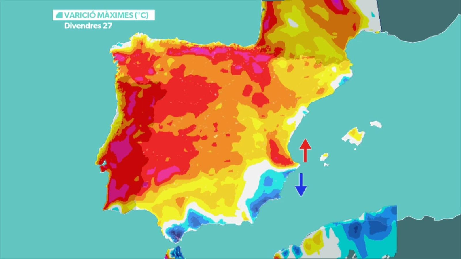 El mapa de l'evolució de les temperatures, este divendres El mapa de l'evolucuio de les temperatures, este divendres