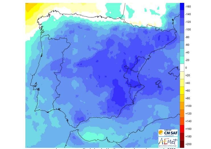Anomalia d'insolació (hores) el mes de març de 2022. Font de dades per a l'elaboració del mapa CM SAF (EUMETSAT). Anomalia d'insolació (hores) el mes de març de 2022. Font de dades per a l'elaboració del mapa CM SAF (EUMETSAT).