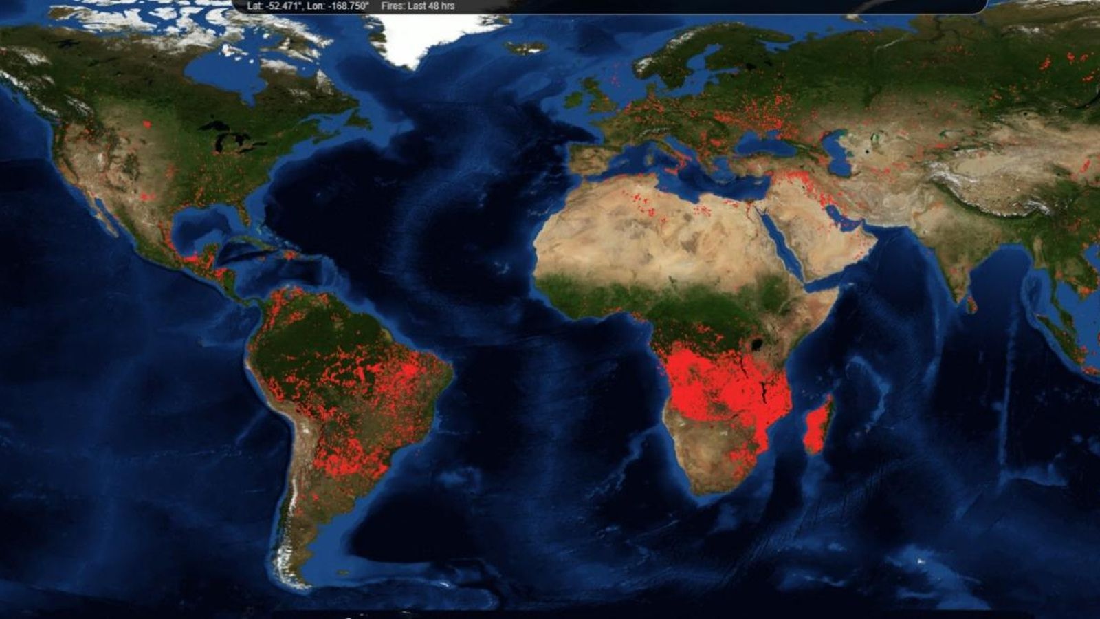 Unes imatges de l'agència espacial estatunidenca, NASA, mostren que Àfrica concentra en l'actualitat el 70% dels focus d'incendi del món