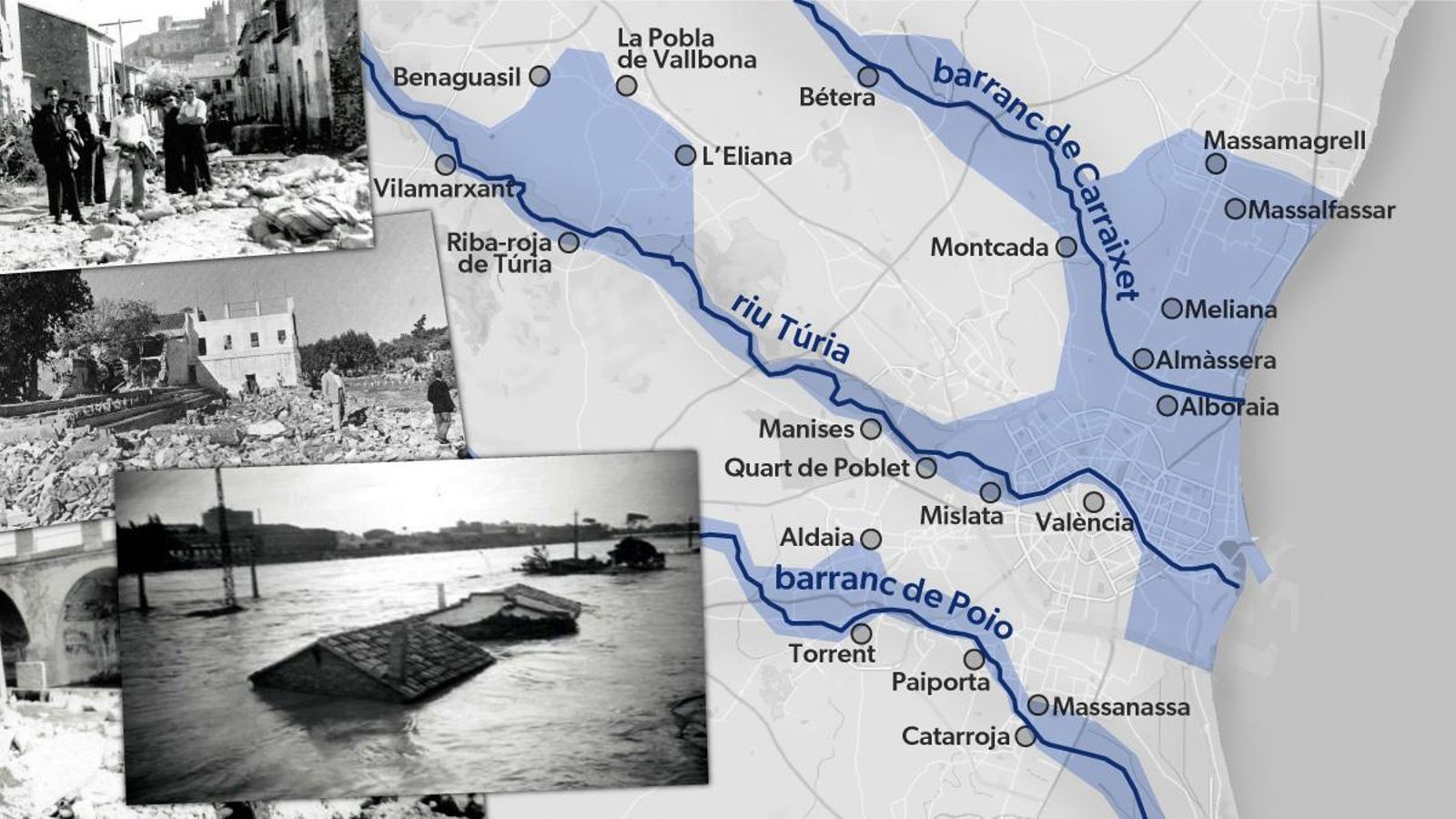 Una dana en la zona prelitoral va desembocar les inundacions a través del Túria i els barrancs