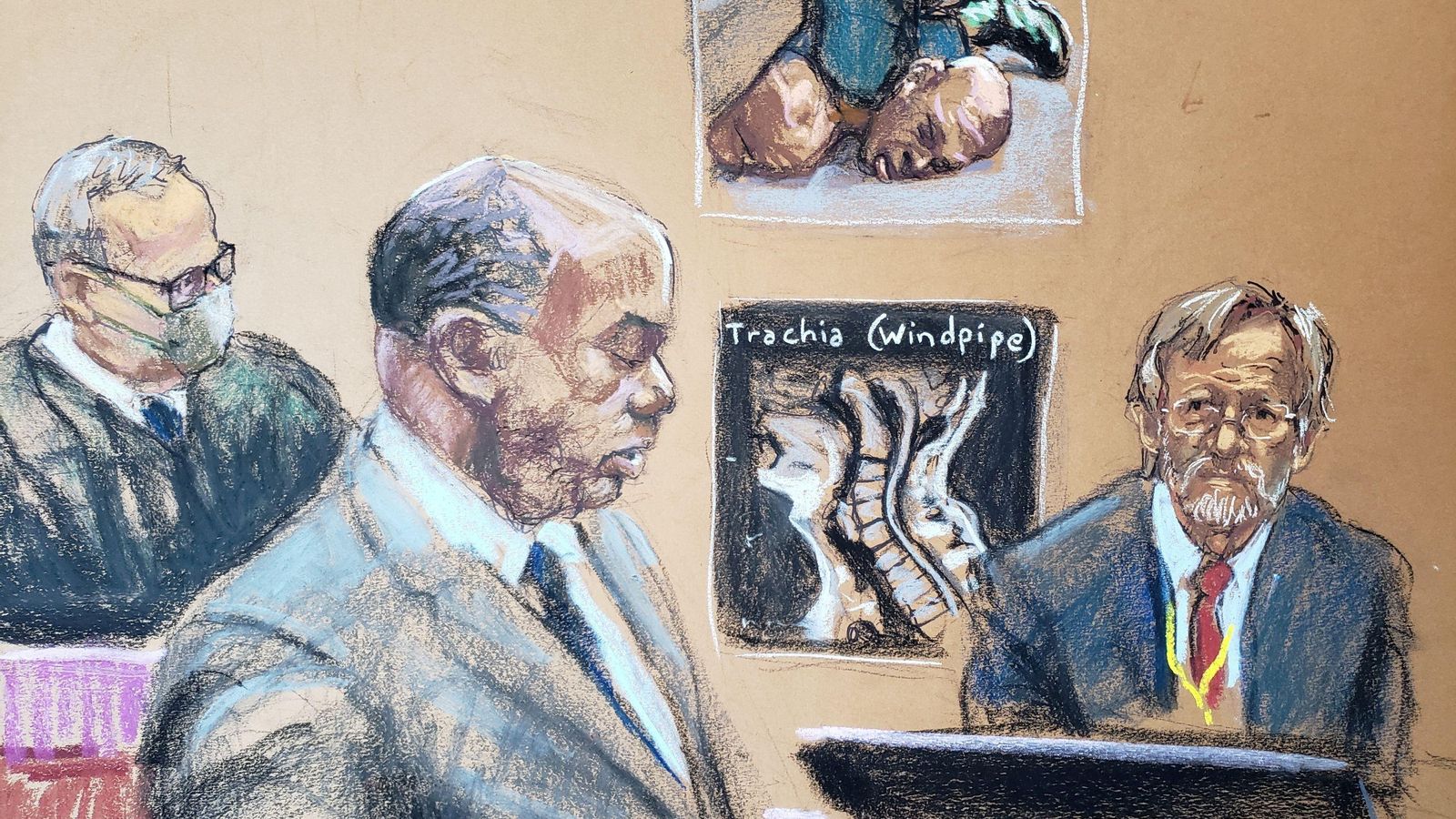 El doctor Martin Tobin és interrogat pel fiscal Jerry Blackwell, mentre es reprodueixen imatges de l'arrest de George Floyd en una pantalla, a Minneapolis, els Estats Units