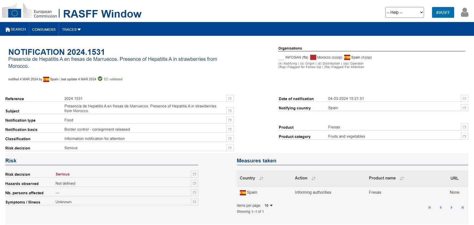 Notificació oficial de la detecció d'Hepatitis A en maduixes del Marroc
